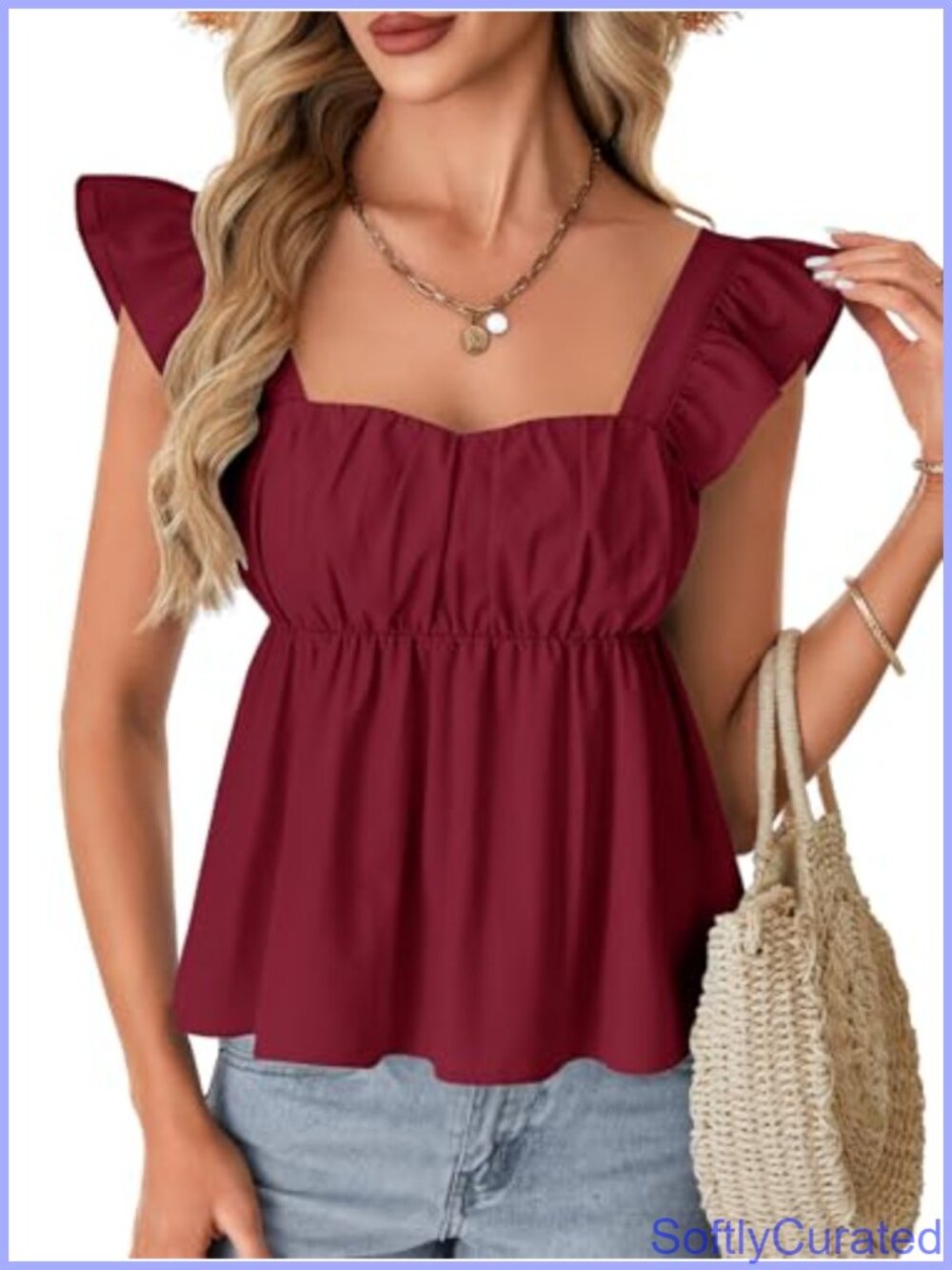 Ruffle Cap Sleeve Square Neck Peplum Tank Top Babydoll Blouse